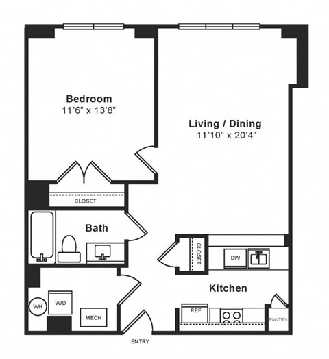Floor plan for 1 bed, 1 bath, 690 sqft